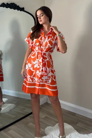 Verity Orange Boarder Print Tie Detail Mini Shirt Dress (Orange)