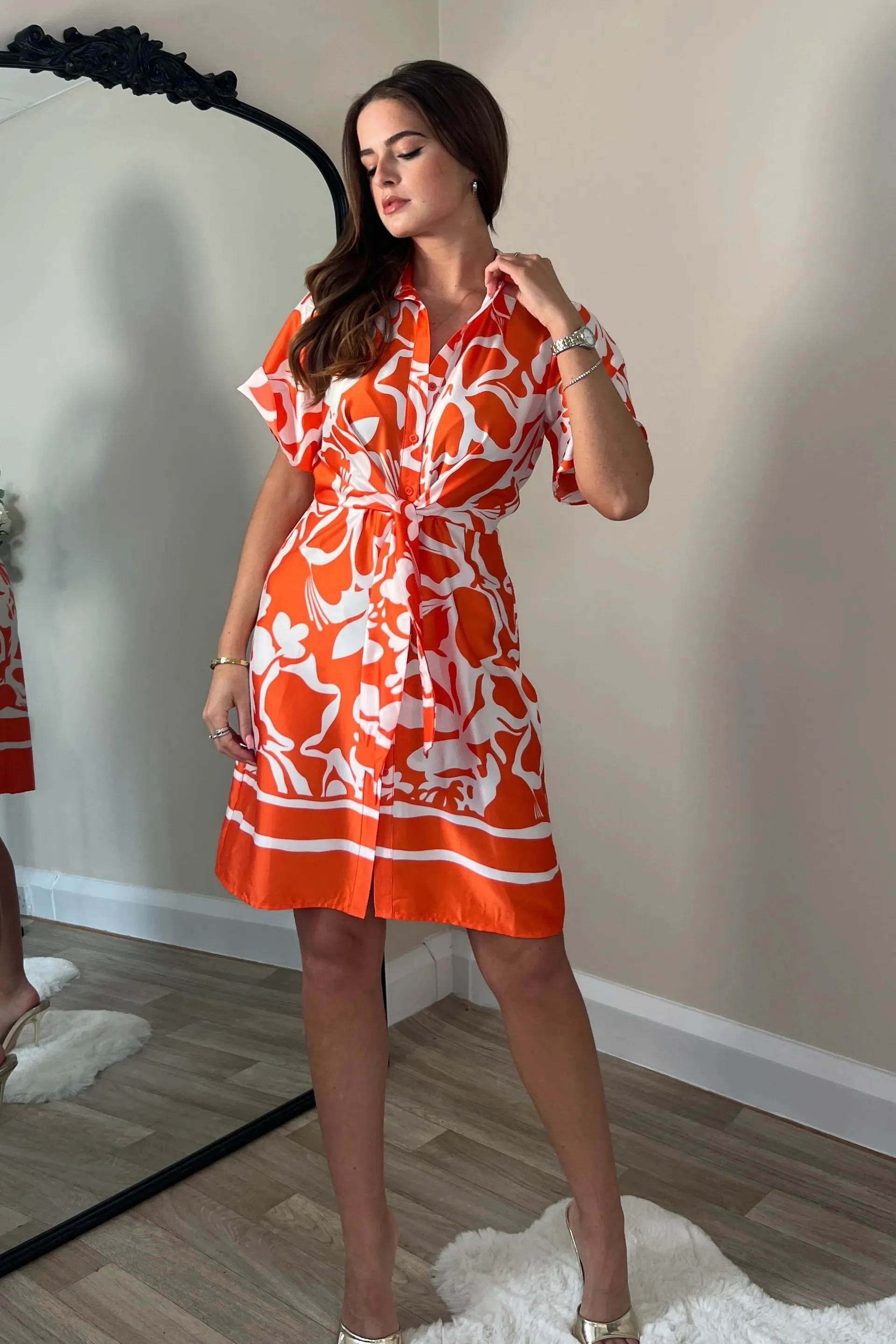 Verity Orange Boarder Print Tie Detail Mini Shirt Dress (Orange)