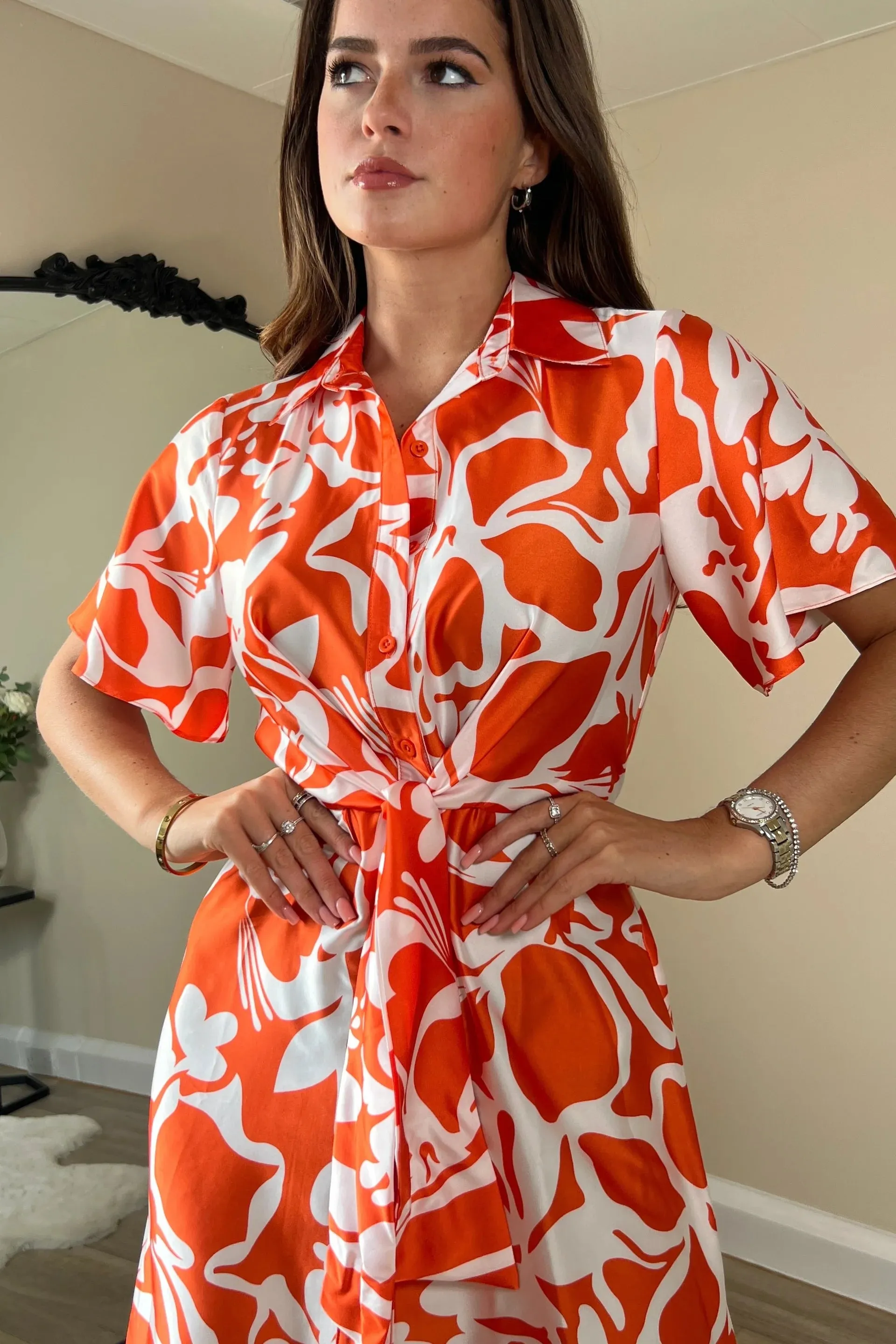 Verity Orange Boarder Print Tie Detail Mini Shirt Dress (Orange)