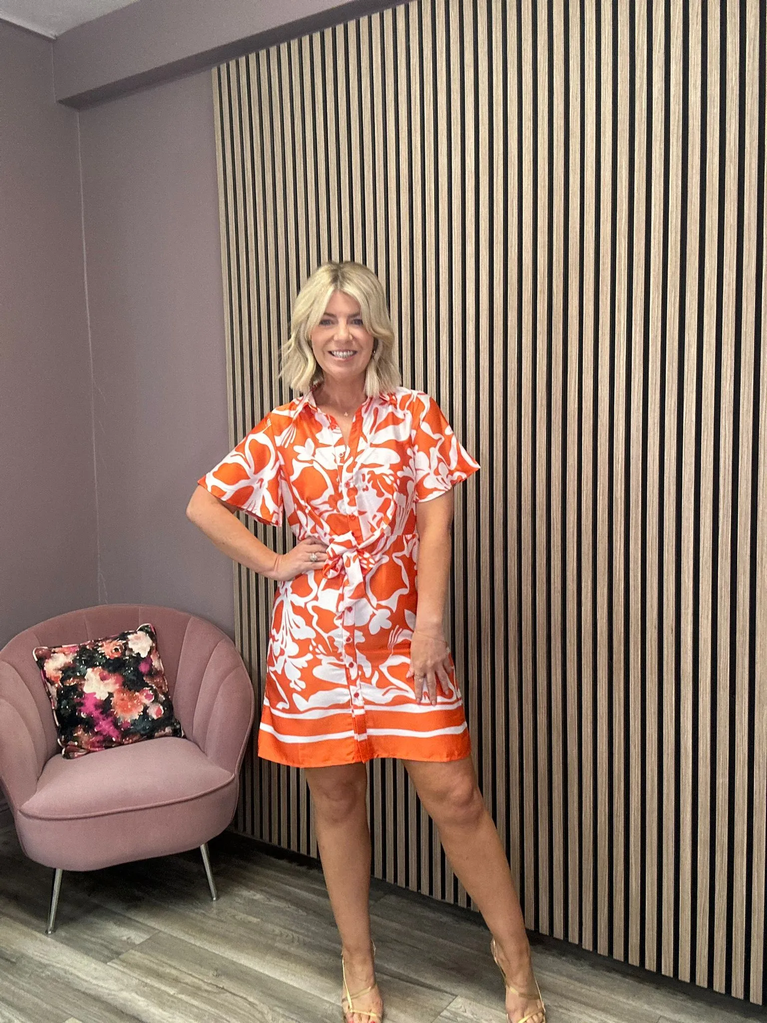 Verity Orange Boarder Print Tie Detail Mini Shirt Dress (Orange)